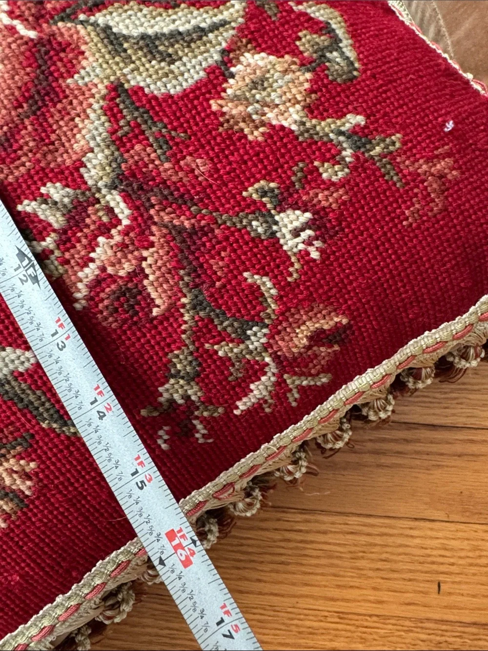 Pair Needlepoint Floral Throw Pillows Burgundy Velvet Back Tassel Fringe 16”